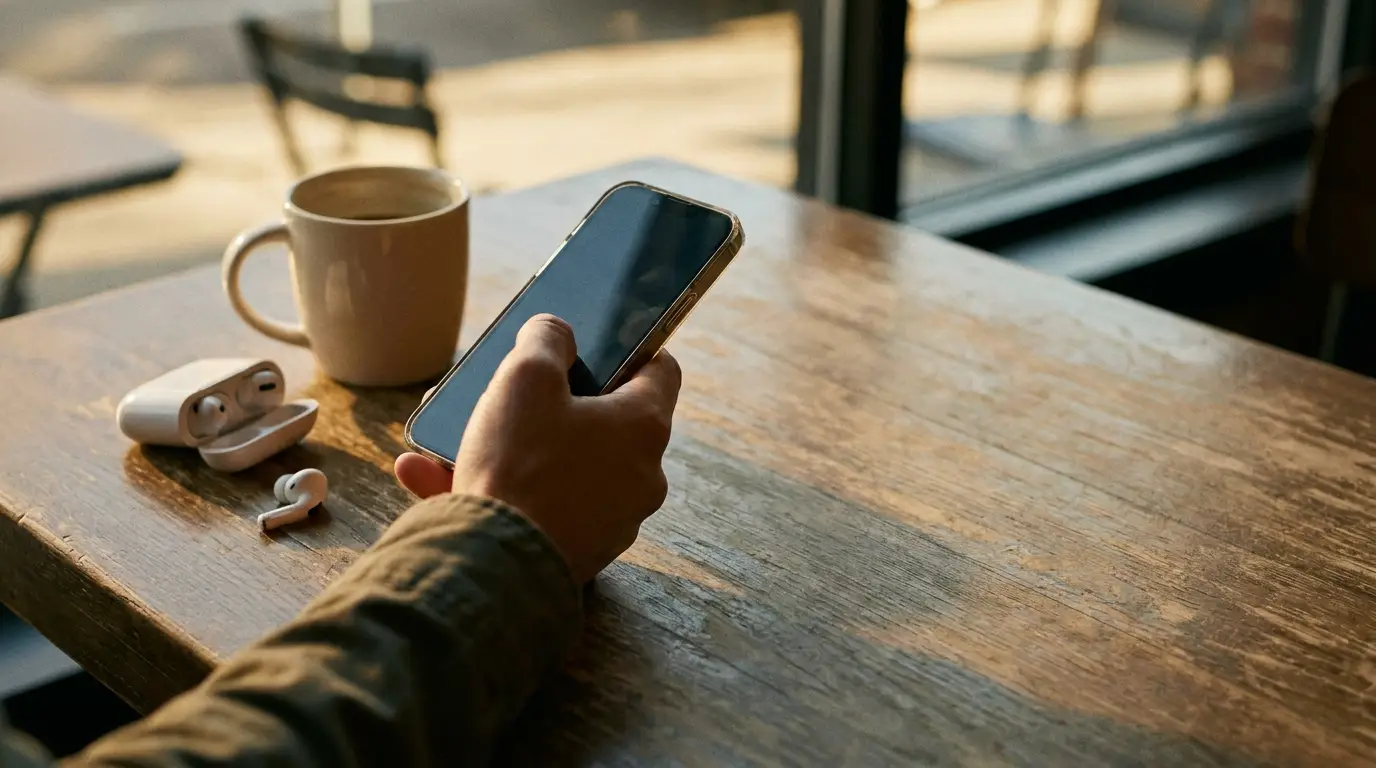 Hand holding smartphone next to coffee mug and earbuds on wooden table in sunlit cafe