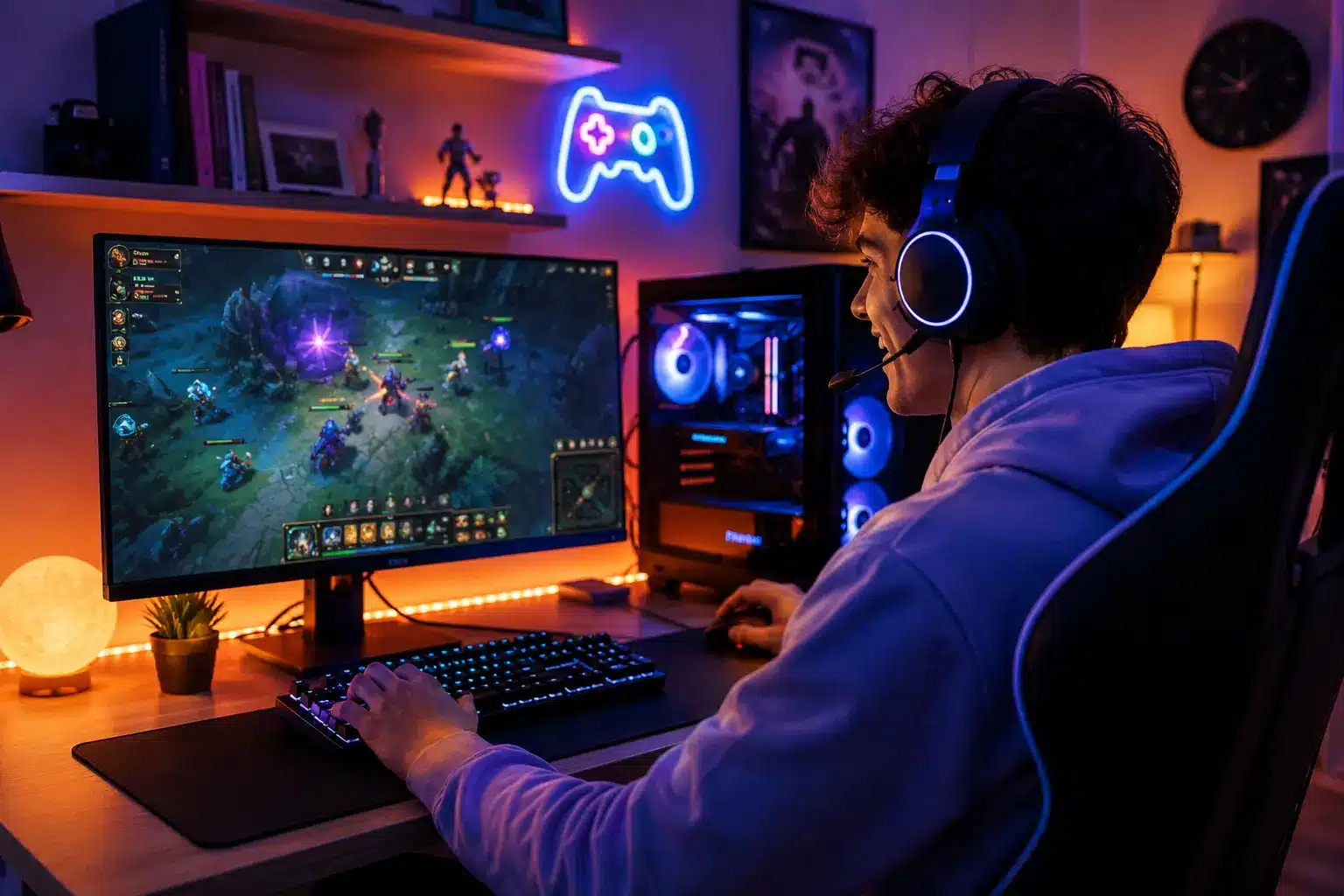Gamer wearing headset playing video game on computer in neon-lit room with gaming setup
