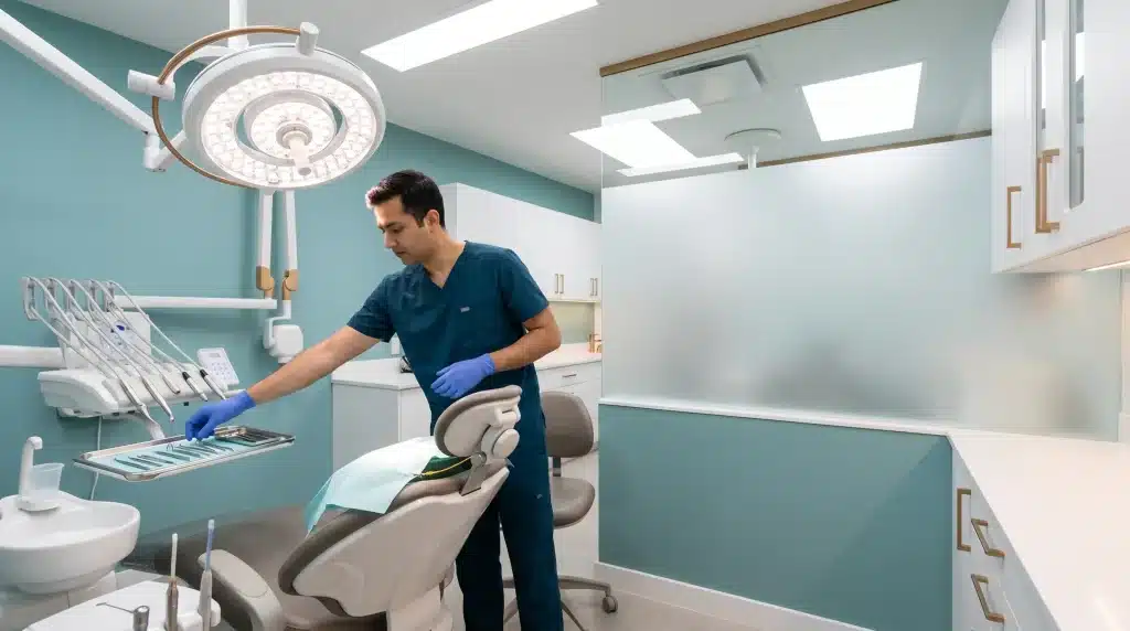 Dentist organizing tools in modern dental office with teal walls and overhead light