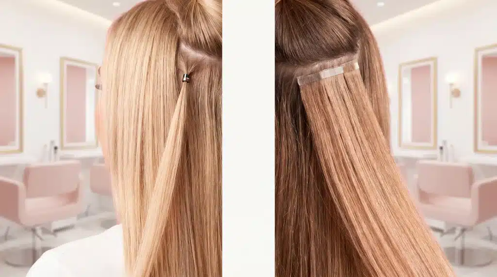 Side-by-side comparison of tape-in hair extensions in a bright salon setting