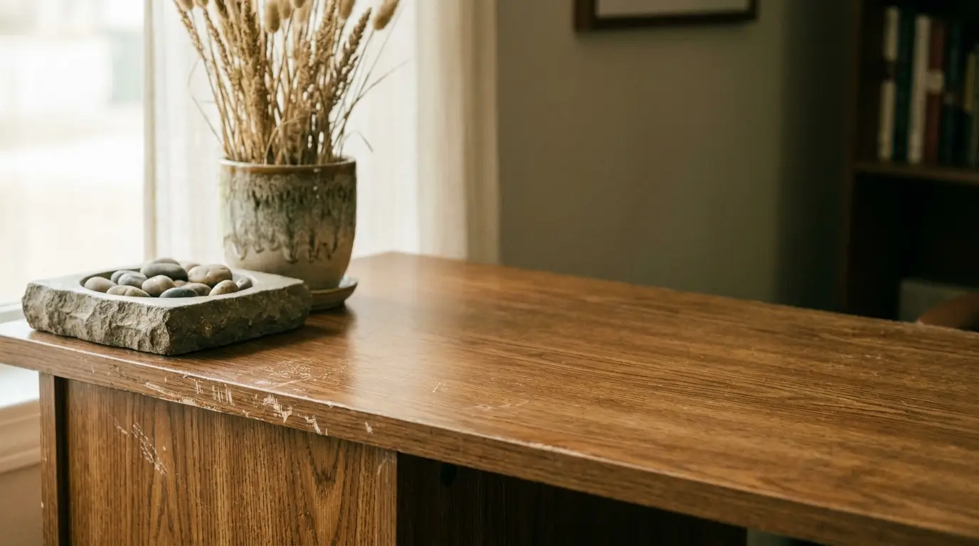 Dry wheat stems in ceramic vase on wooden desk with stone tray of pebbles
