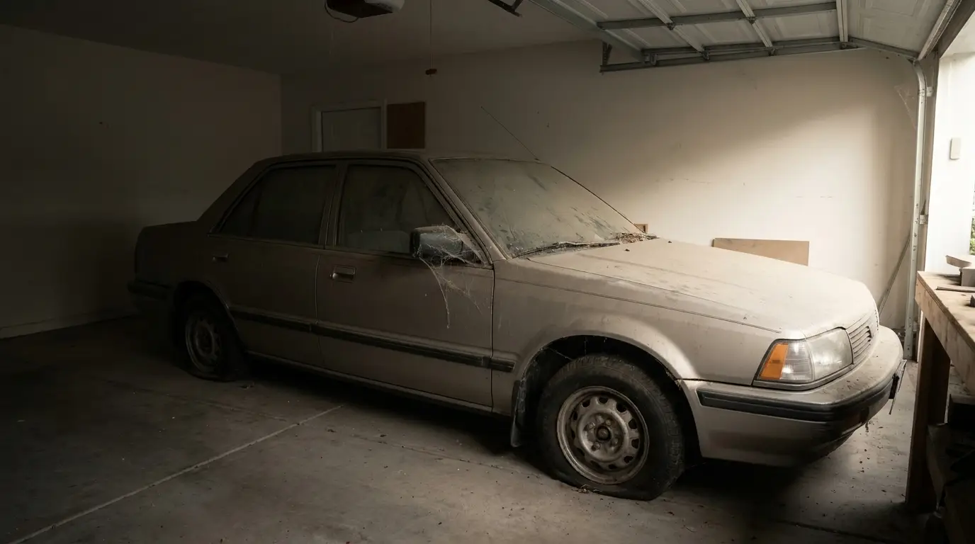 Dusty vintage sedan parked in dimly lit garage with spiderwebs