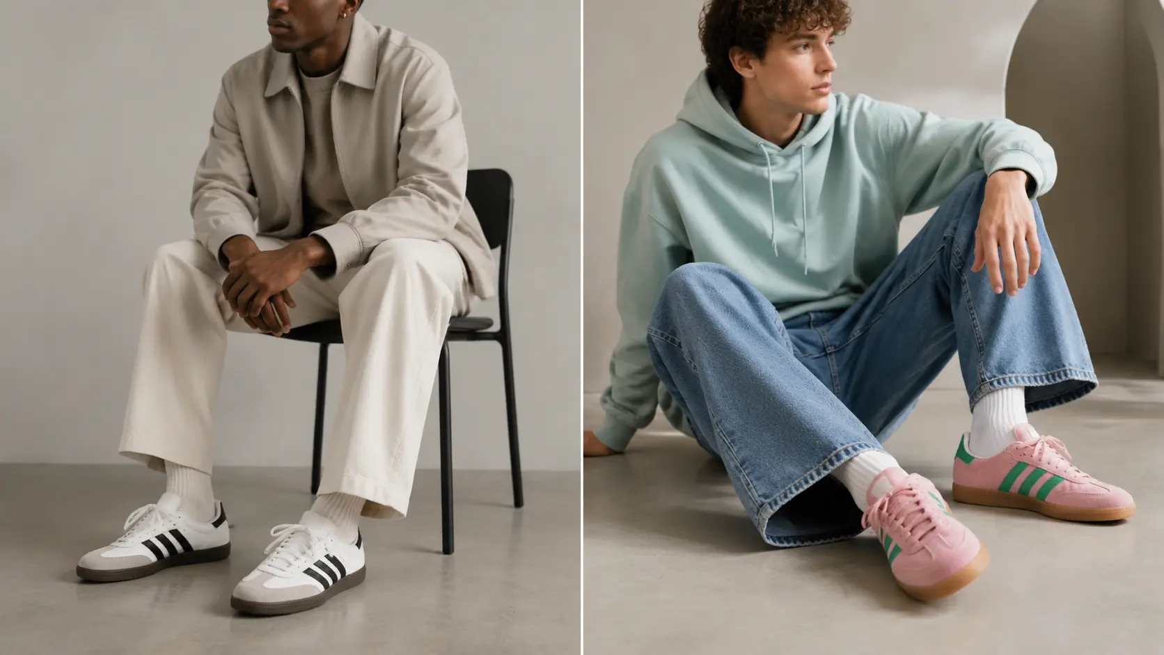 Neutral Adidas Sambas beside colorful retro-style Adidas Gazelles