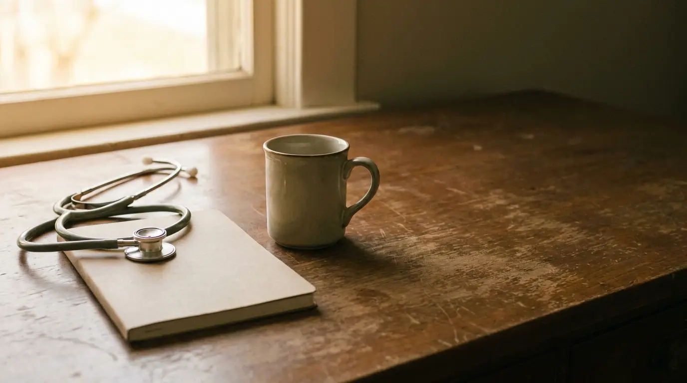 Stethoscope and notebook on rustic wooden desk with ceramic mug near window
