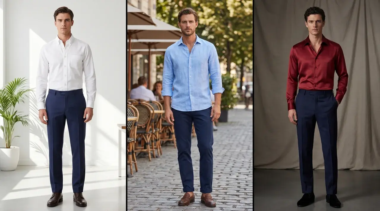 Collage of male models in navy pants paired with different shirts for office, casual, and evening occasions, separated by thin black lines