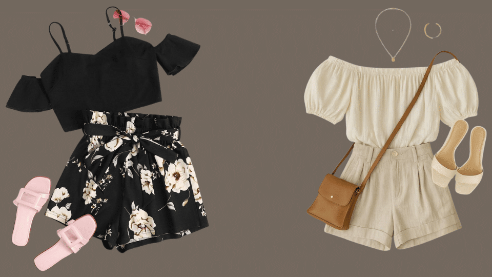 Off-shoulder top, paperbag shorts, and espadrilles for light summer baseball game outfits.