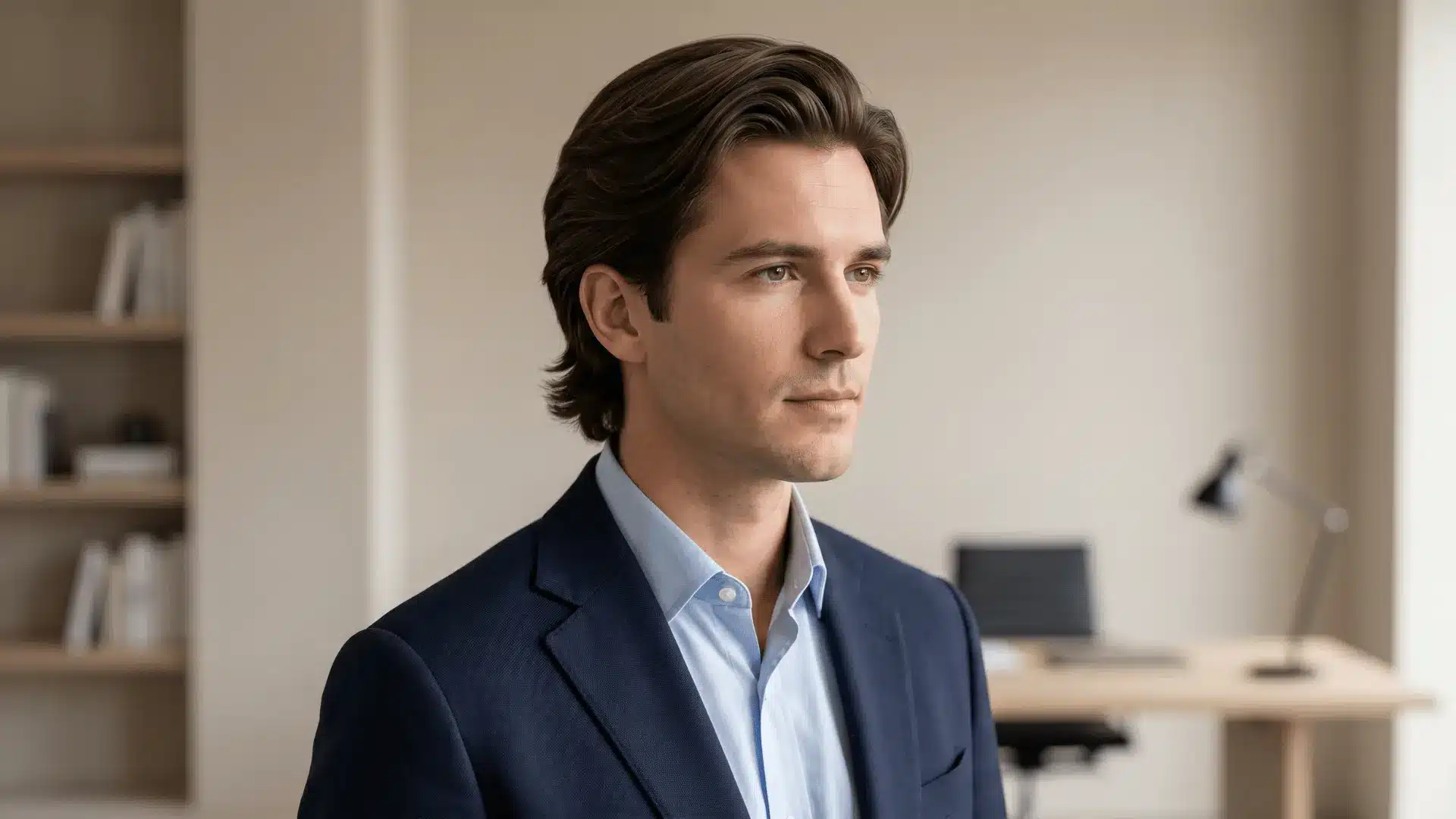 Handsome male model in an office with Old Money Flow hair, longer and structured with smooth shape.