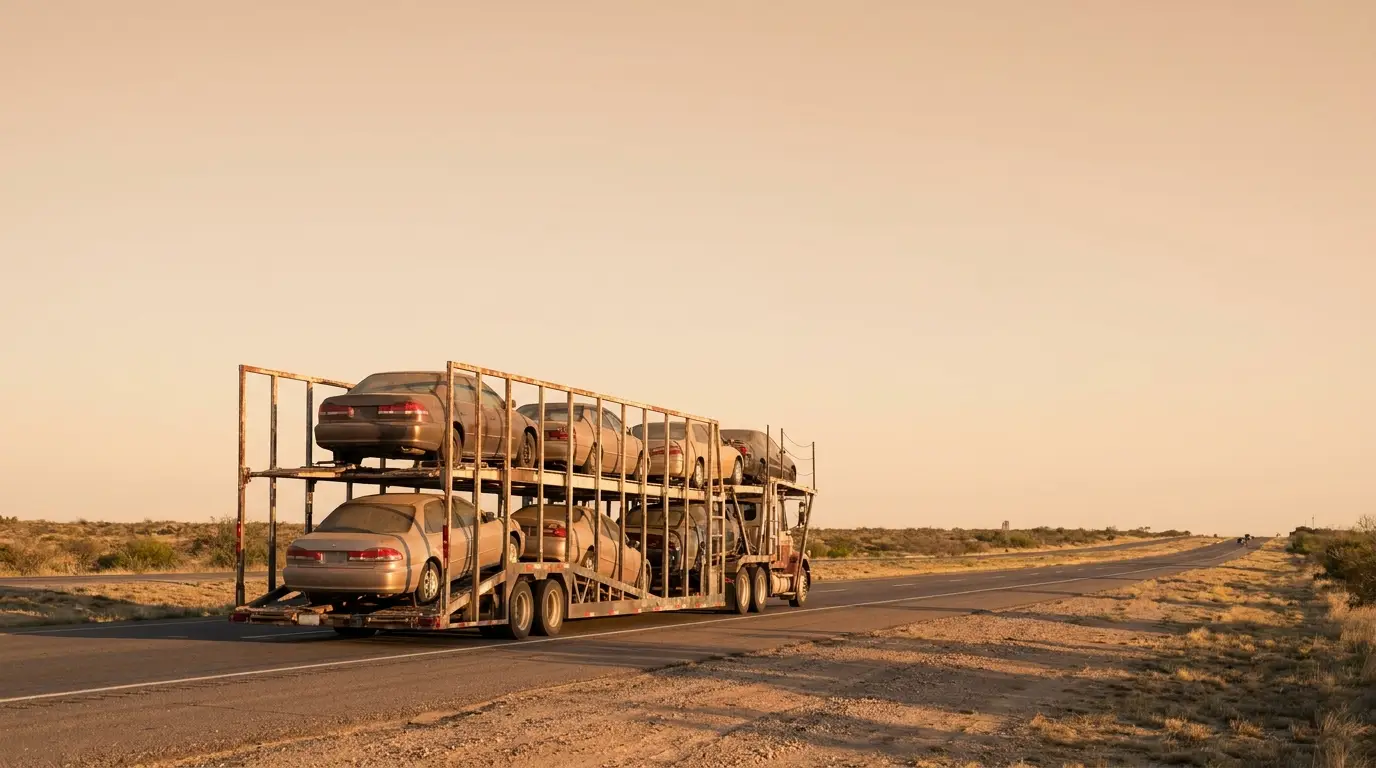Car transporter truck carrying multiple vehicles on open highway in a desert landscape