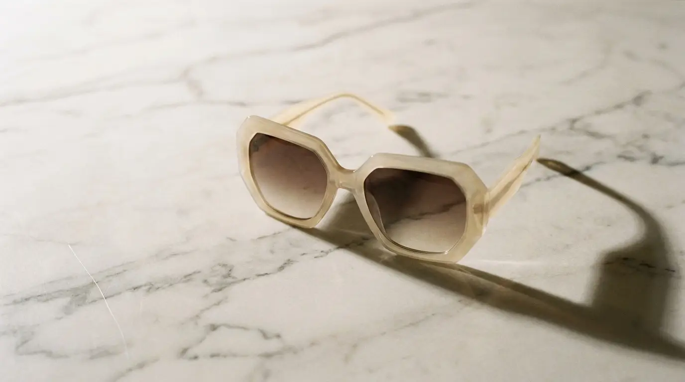 Cream-colored hexagonal sunglasses on marble surface with soft shadows