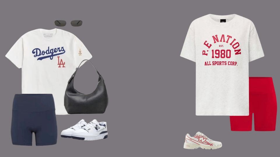 Oversized jersey with biker shorts and trainers for casual baseball game outfits.