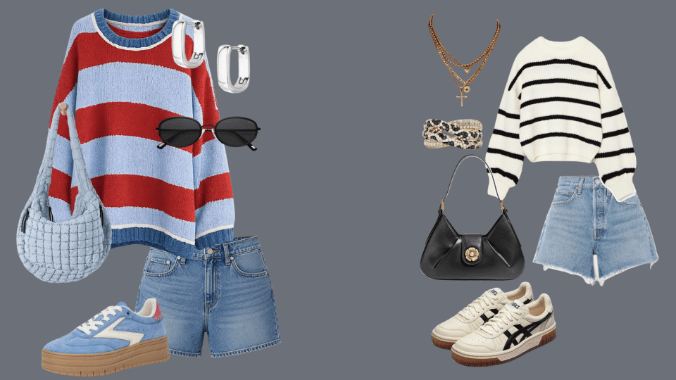 Oversized sweater, shorts, and ankle sneakers for cozy night baseball game outfits.