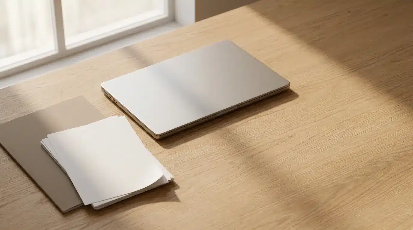 Closed laptop and documents on a wooden desk under natural light