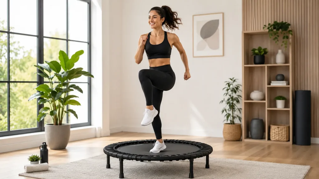 Person doing a mini trampoline workout in a bright modern home gym with natural light and clean indoor decor