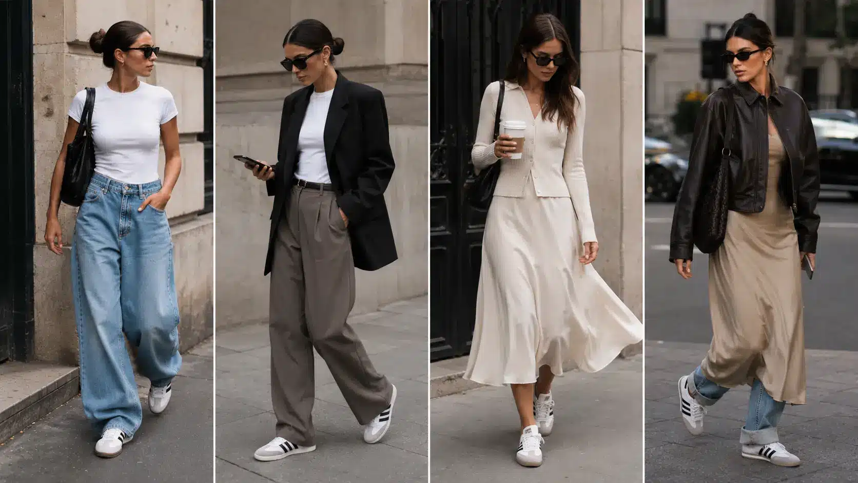 plit-image fashion collage showing multiple Adidas Samba outfit styles and aesthetics