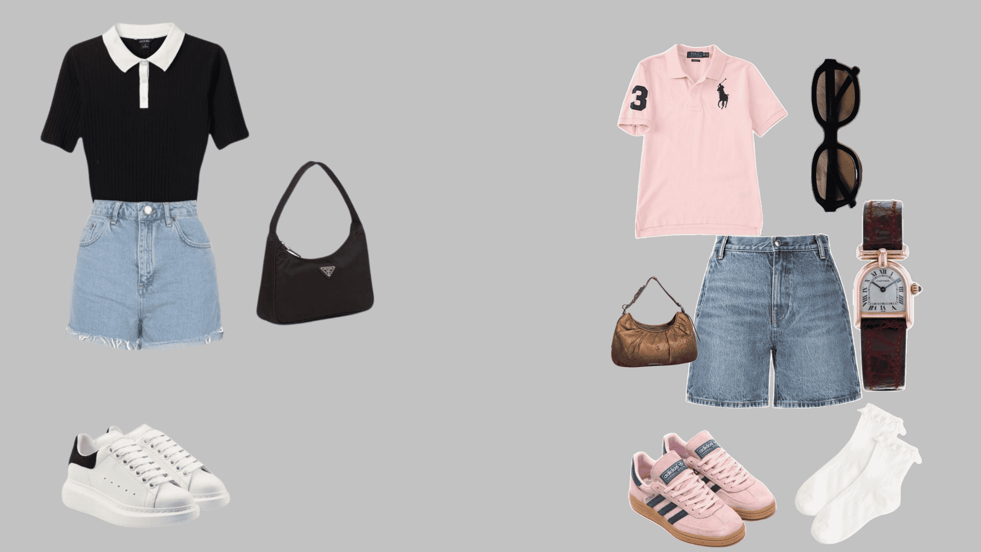 Polo shirt, high-waist shorts, and slip-on sneakers for classic baseball game outfits.