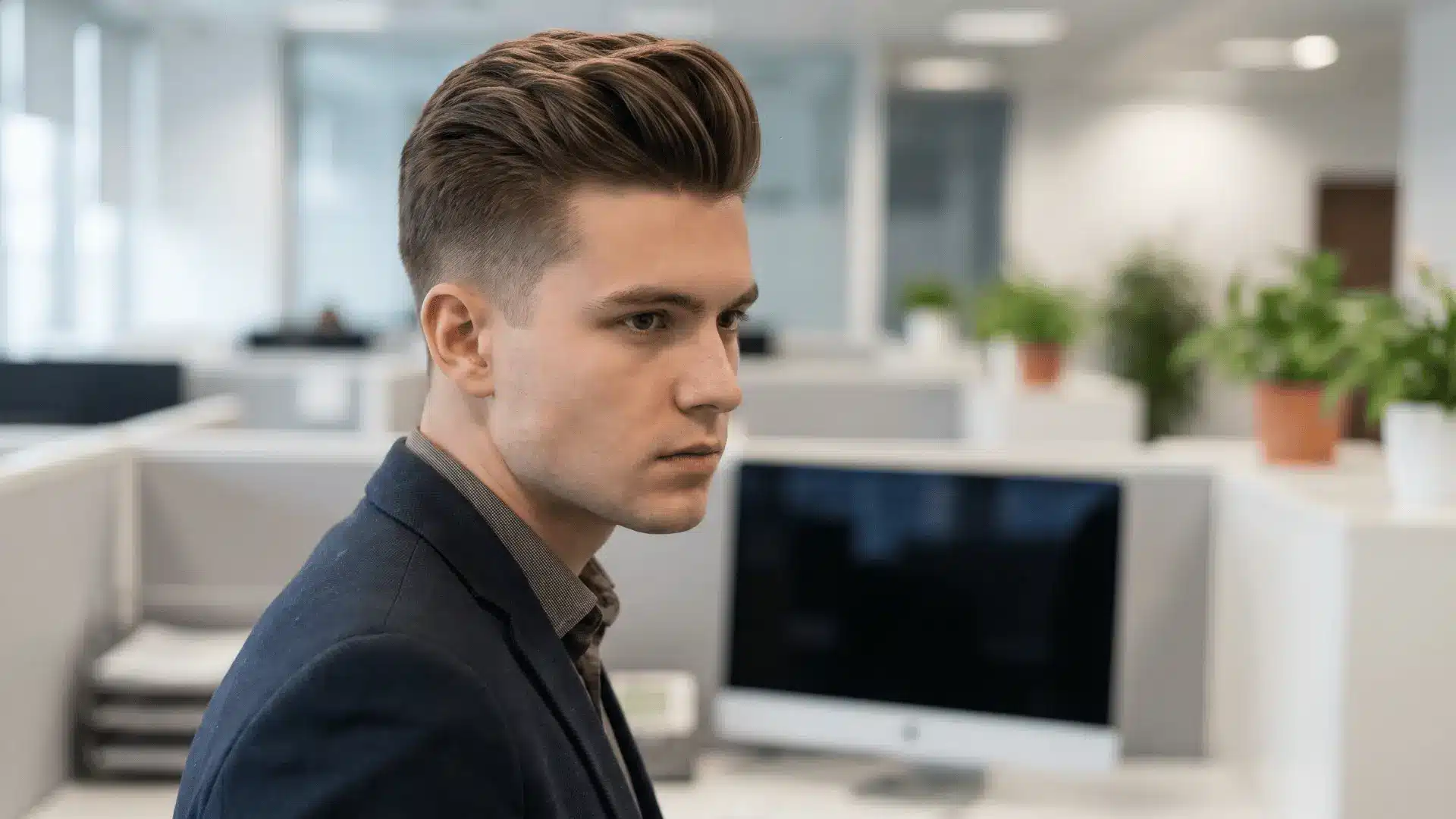 Handsome male model with pompadour hairstyle in an office, hair swept back with short sides