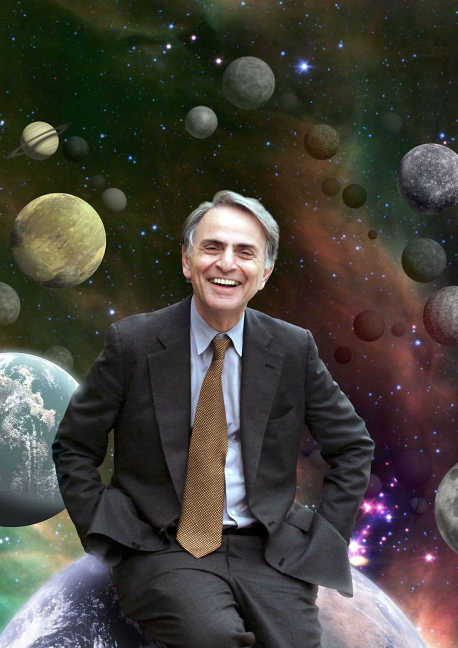 Portrait of Carl Sagan smiling, set against a composite background of planets and stars representing his work in astronomy and science (1)