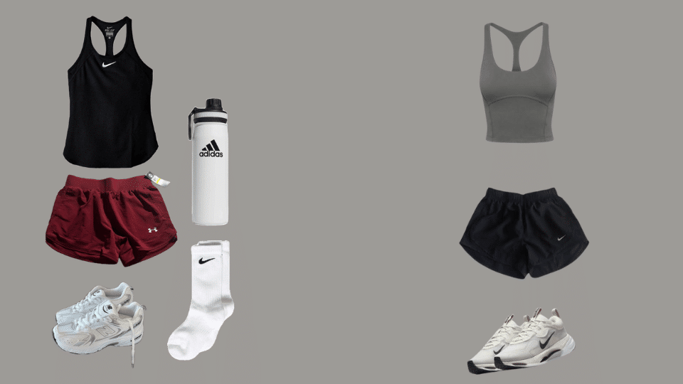 Racerback top with jogger shorts and sport sandals for breathable summer baseball game outfits.