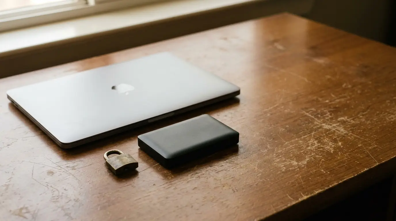 Laptop, external hard drive, and lock on wooden desk near window