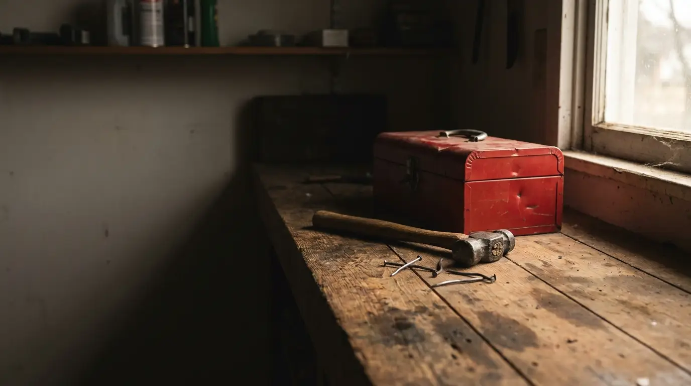 Hammer and nails on wooden workbench with red toolbox in dimly lit workshop