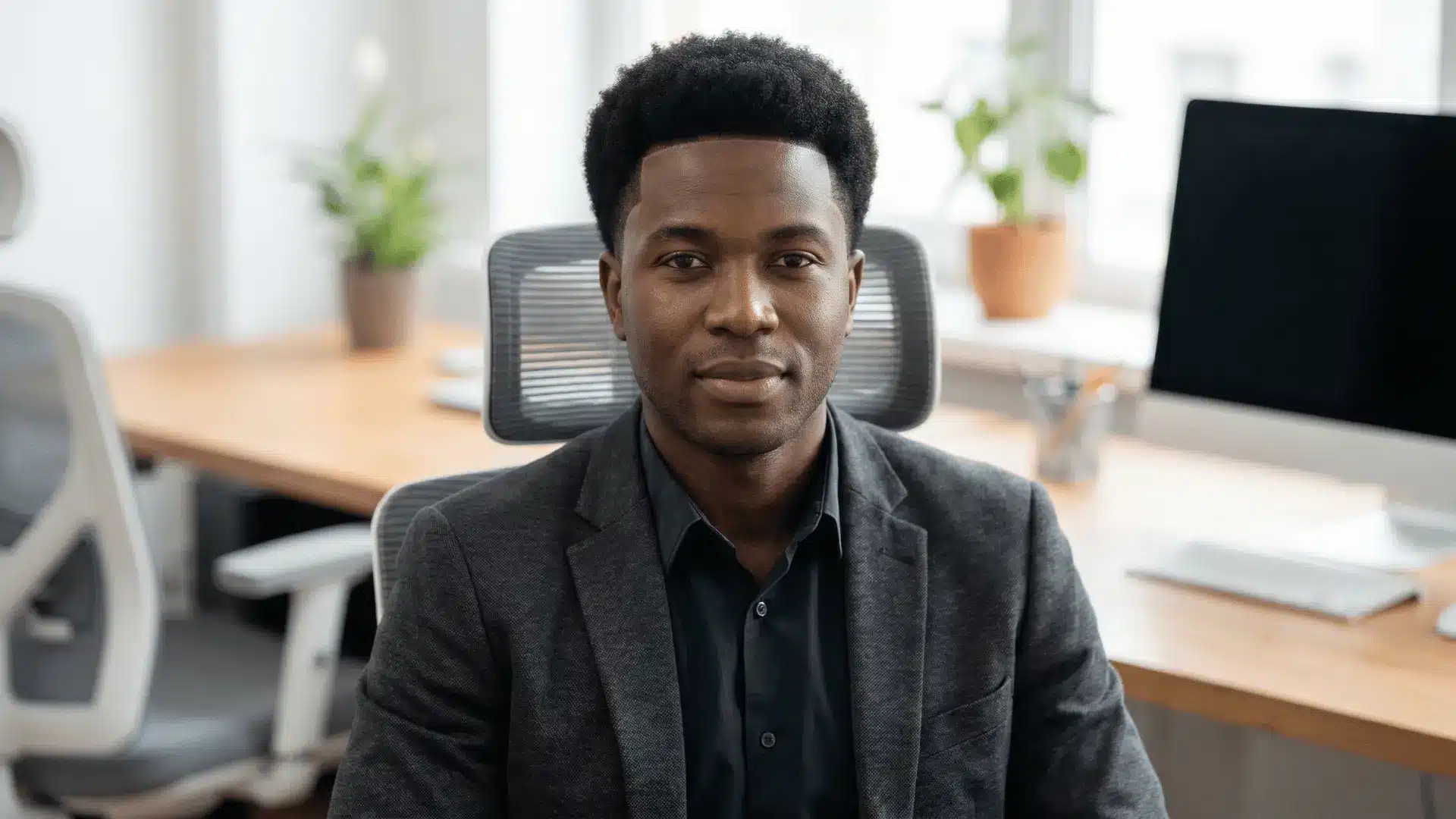 Handsome male model in an office with a short afro hairstyle, neatly shaped and clean-edged