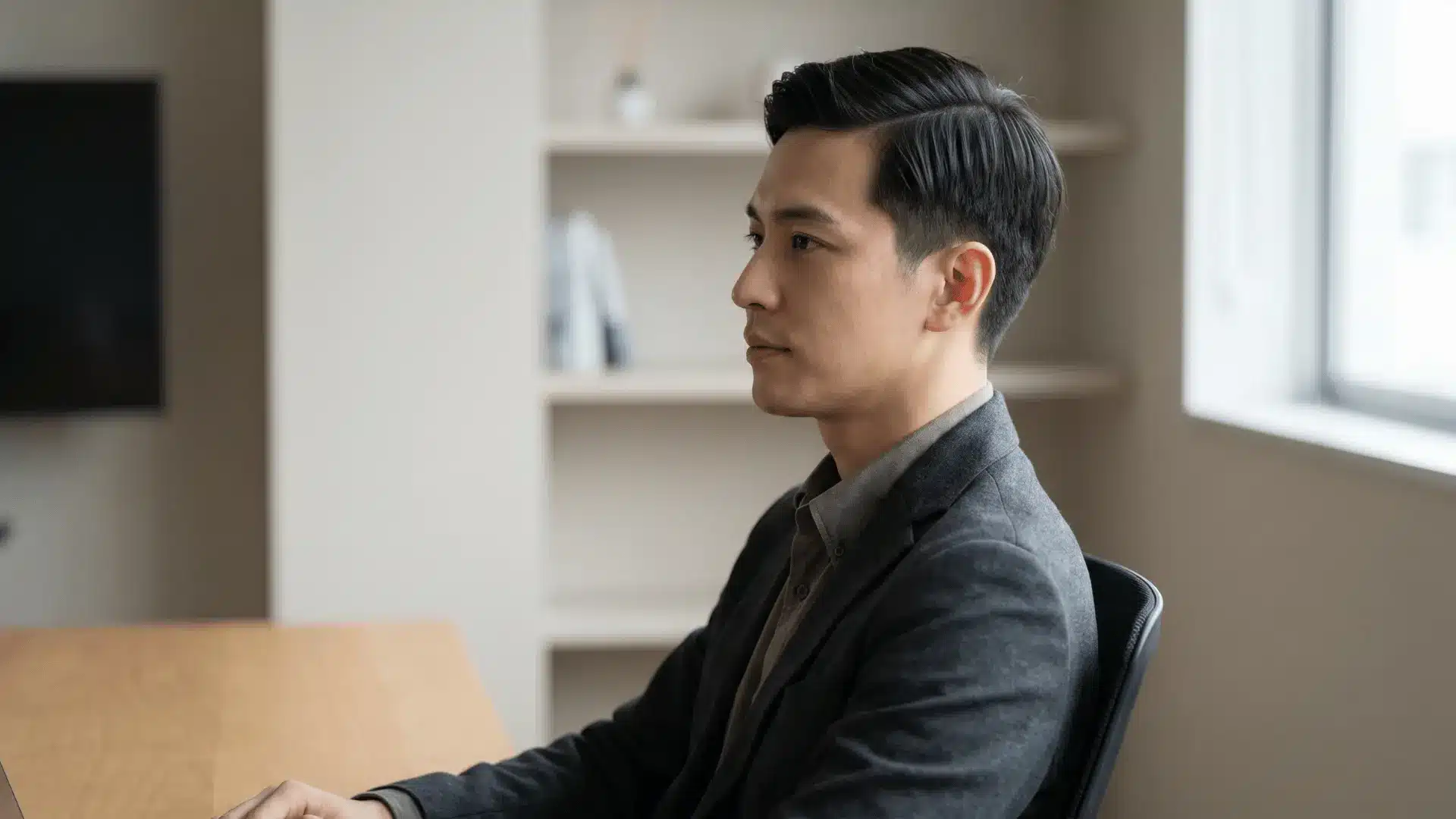 Man with short side part hairstyle, hair parted neatly to one side, side view
