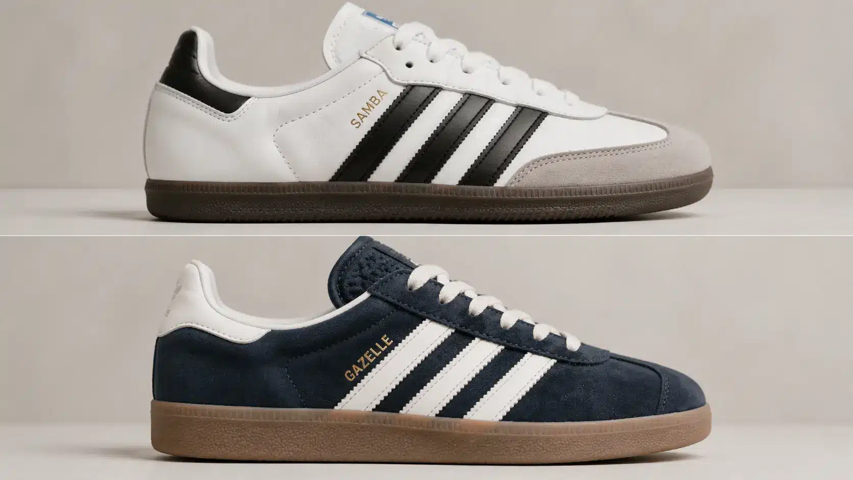 Side profile view comparing Adidas Samba and Gazelle sole designs
