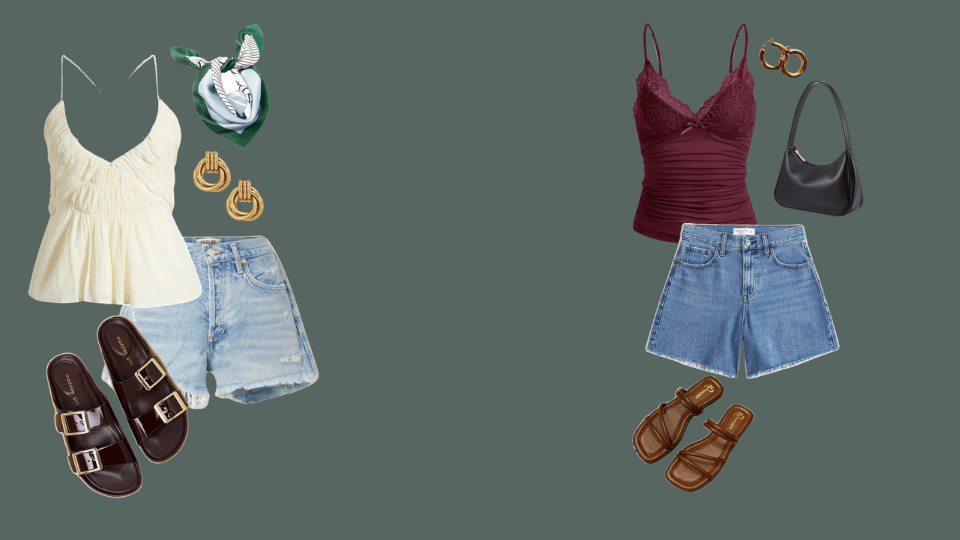 Silk camisole, high-waist shorts, and sandals styled for chic summer baseball game outfits.