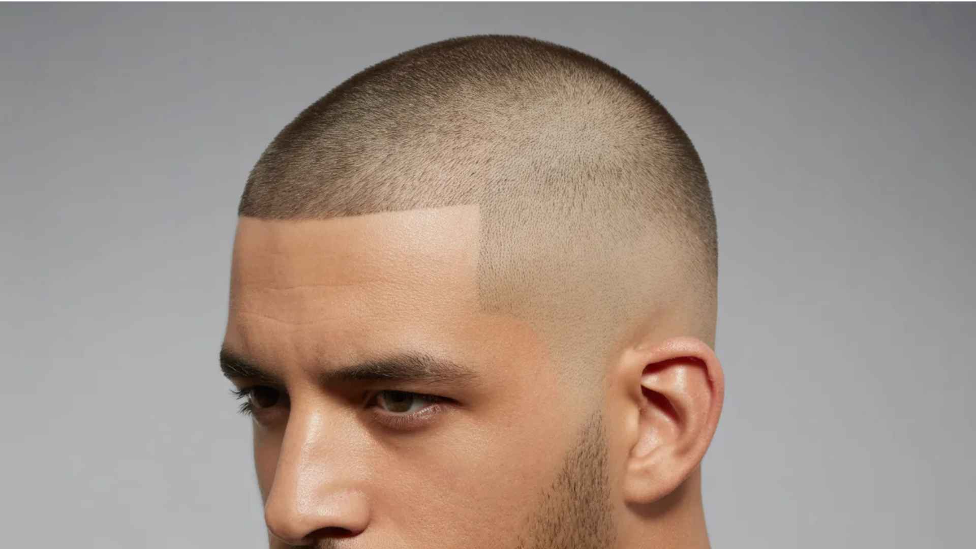 Close-up of a skin fade buzz cut with razor-sharp sides and uniformly buzzed top.