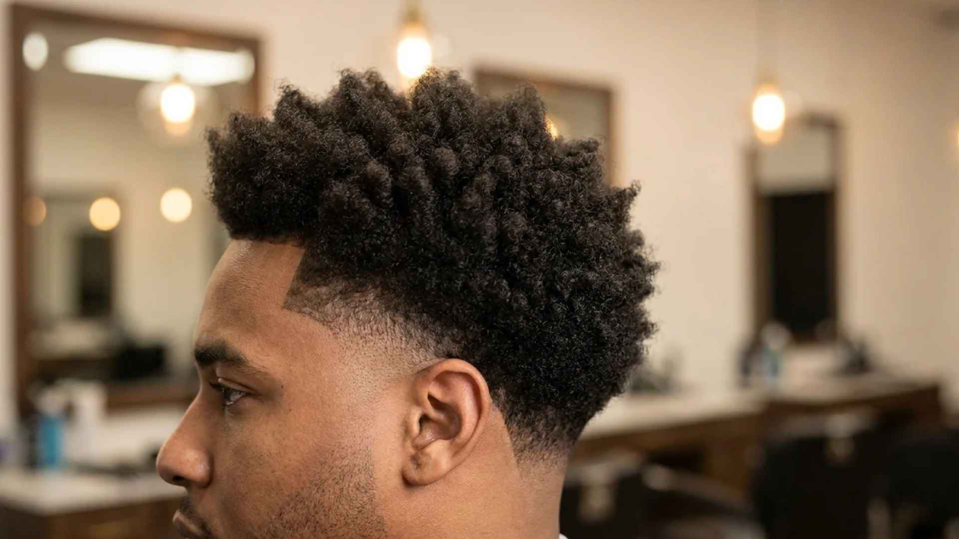 Man with skin fade haircut and curly afro top.