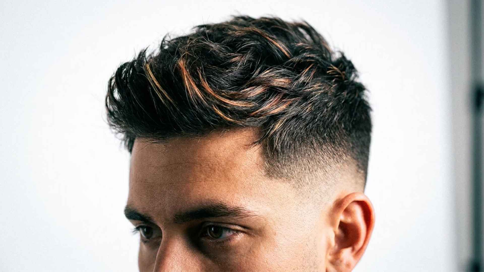 Skin fade with color-highlighted top, copper tones catching light against dark base.