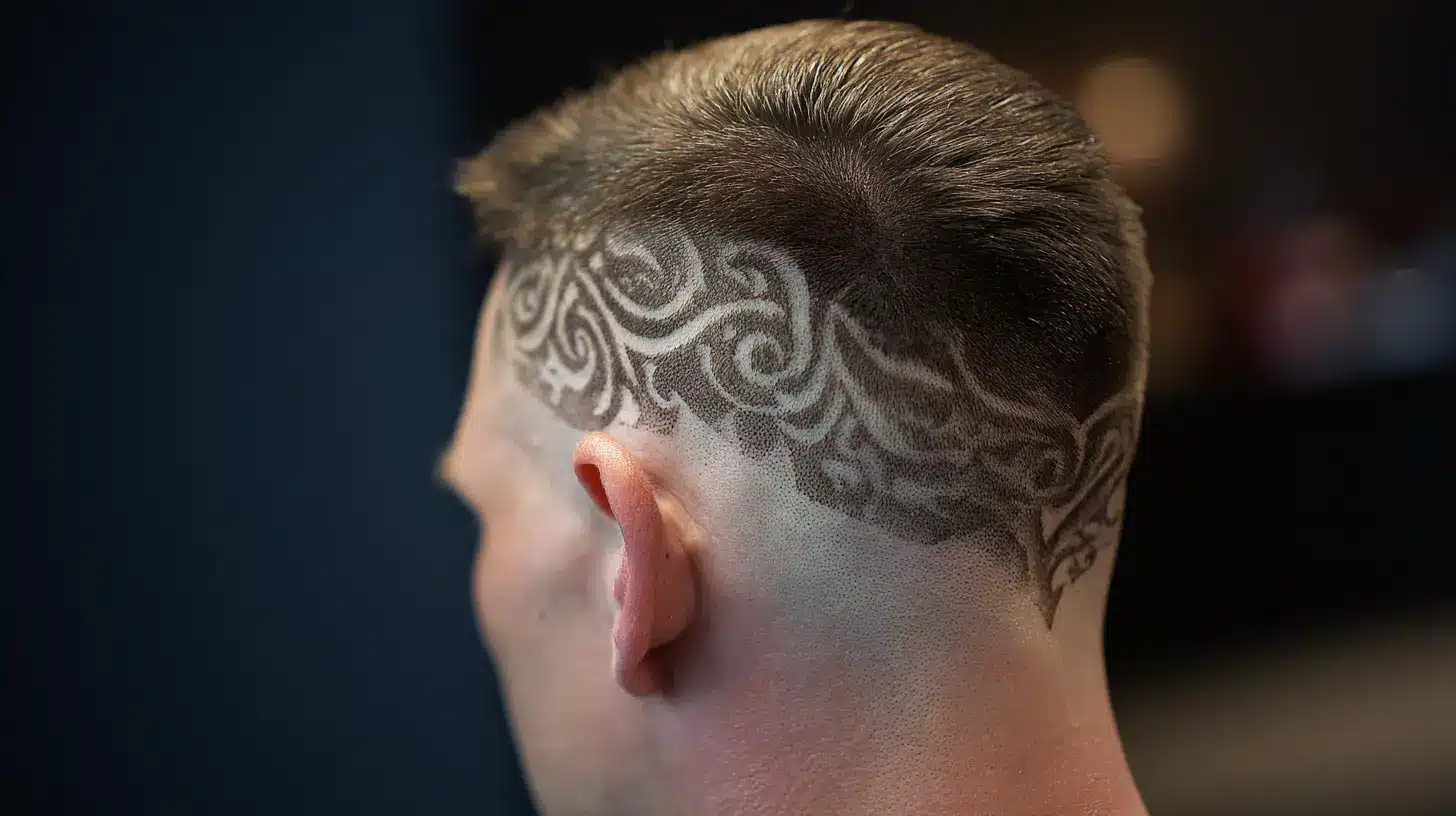 Man with skin fade haircut featuring artistic shaved design.