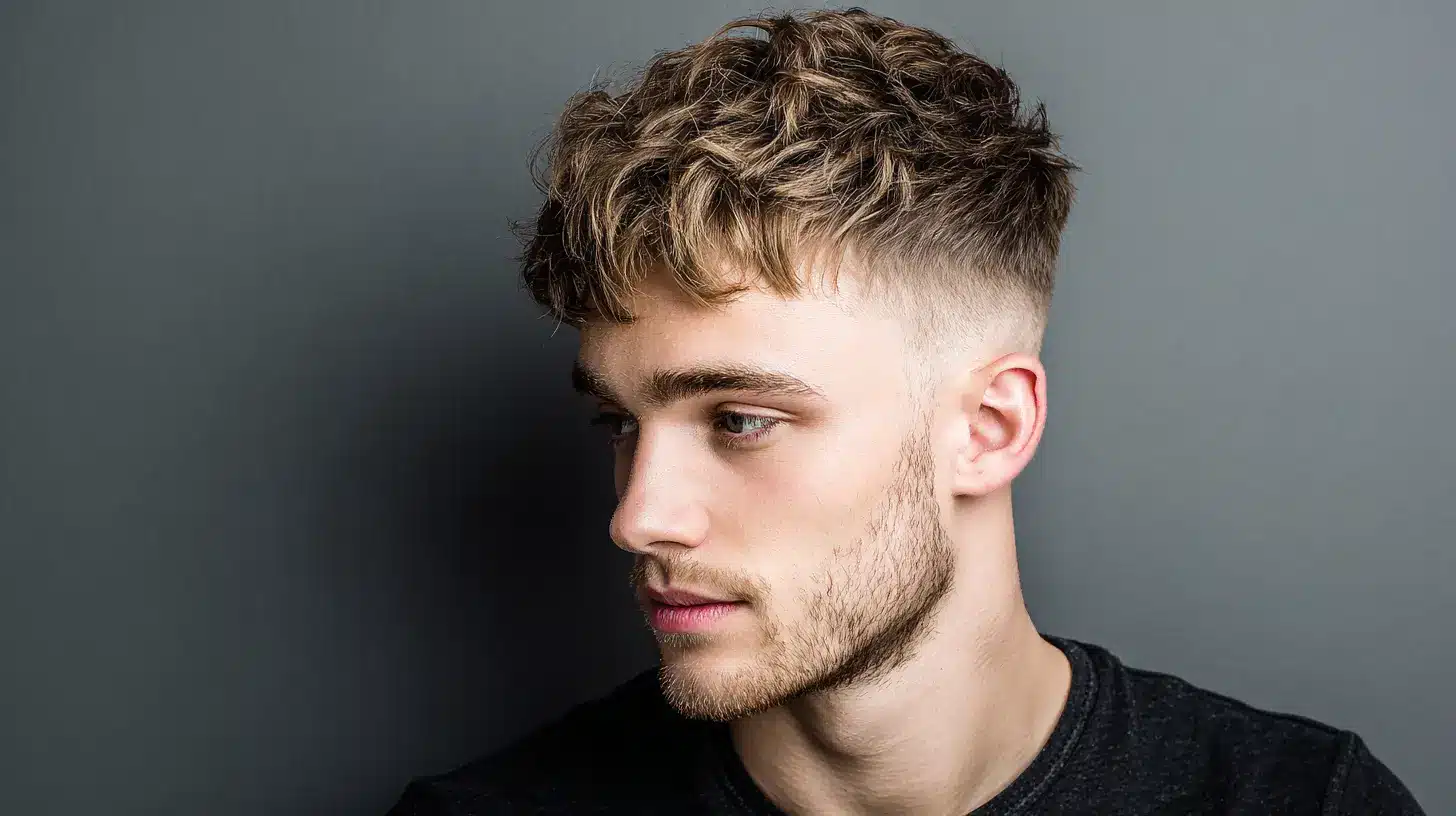 Man with skin fade haircut and soft fringe on top.