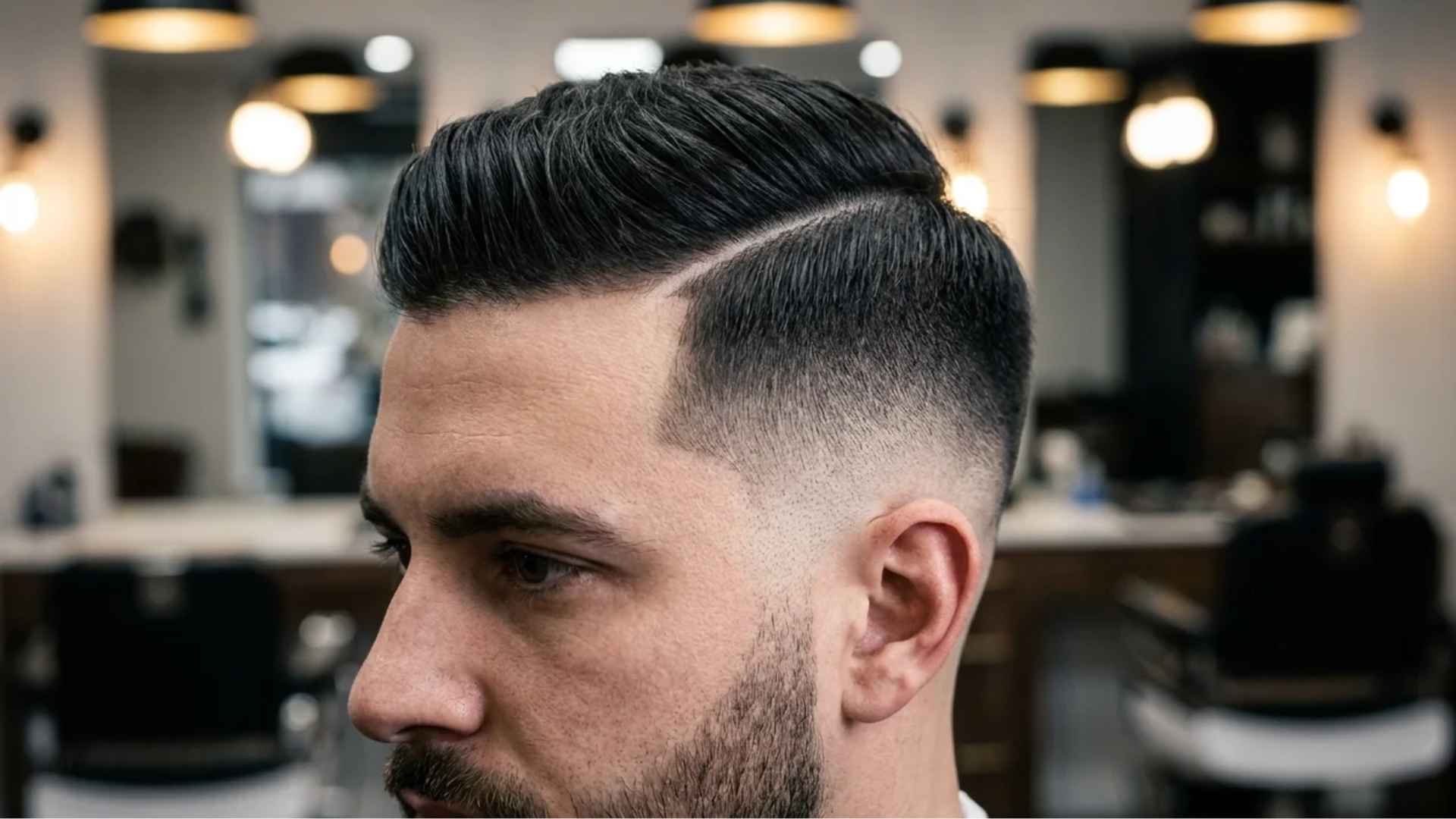 Razor-cut hard part dividing comb-over top from a clean skin fade on sides.