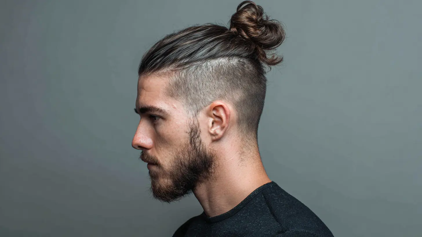 Man with high skin fade and long hair man bun.