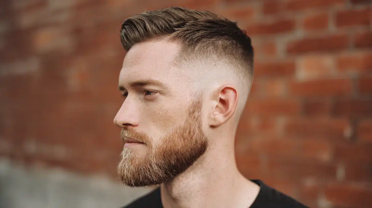 Man with skin fade haircut and side-swept styled top