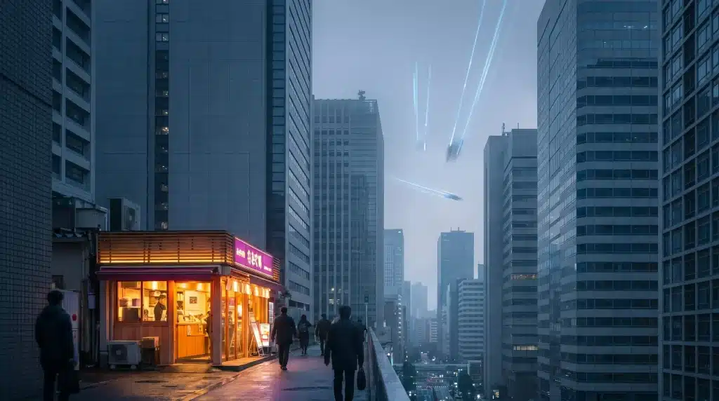 Small illuminated corner store on rainy street with pedestrians among tall city skyscrapers at dusk
