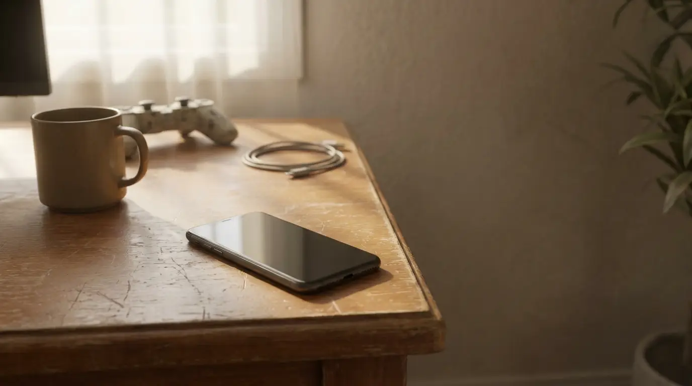 Smartphone, coffee mug, and game controller on wooden desk under warm sunlight