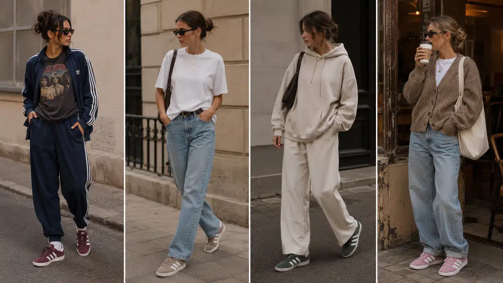 Split-image fashion collage showing relaxed Adidas Gazelle outfit ideas with retro streetwear styling
