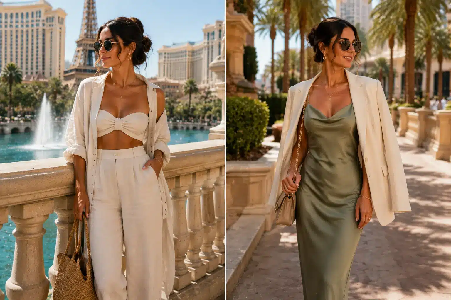 Split collage of a stylish woman in Las Vegas showcasing summer and spring outfits, including a linen co-ord set and a slip dress with blazer.