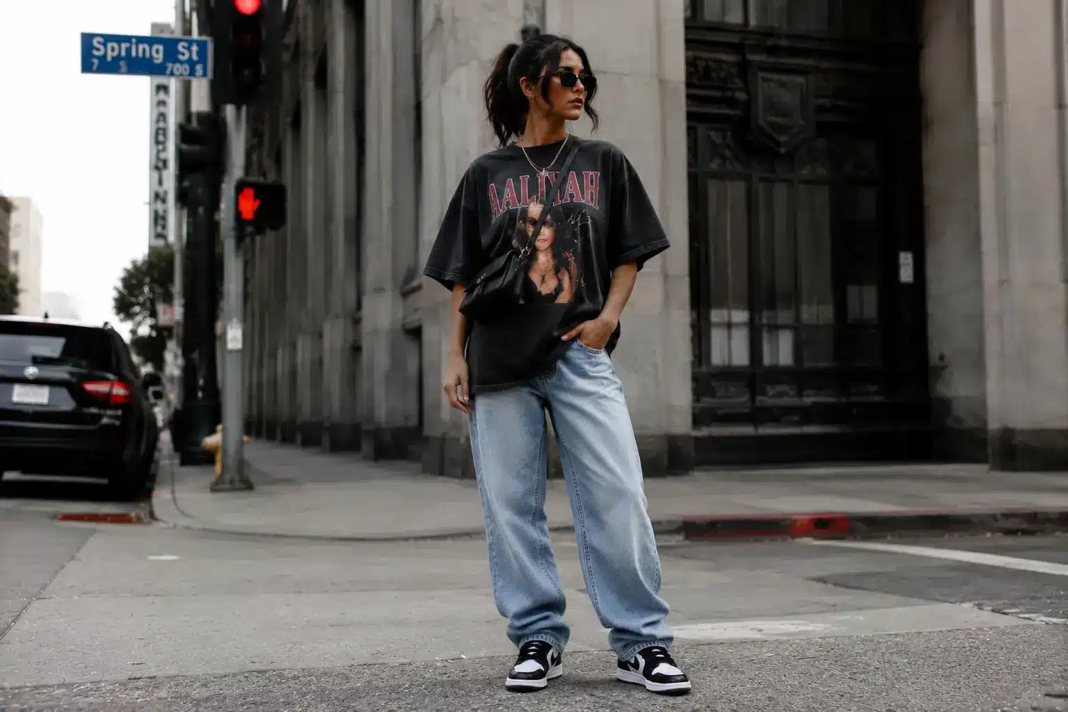 Streetwear look with baggy jeans and graphic tee
