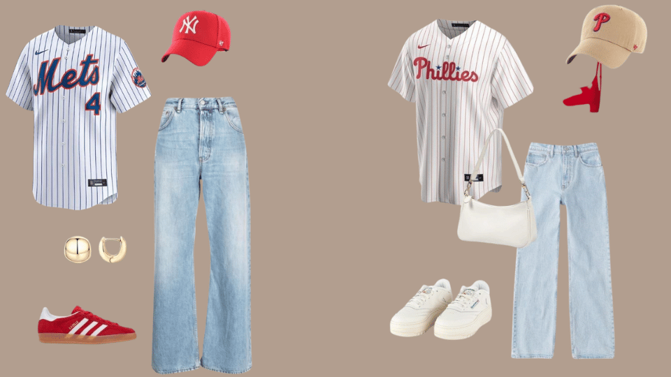 Striped baseball tee with white jeans and sneakers for a sporty baseball game outfit.