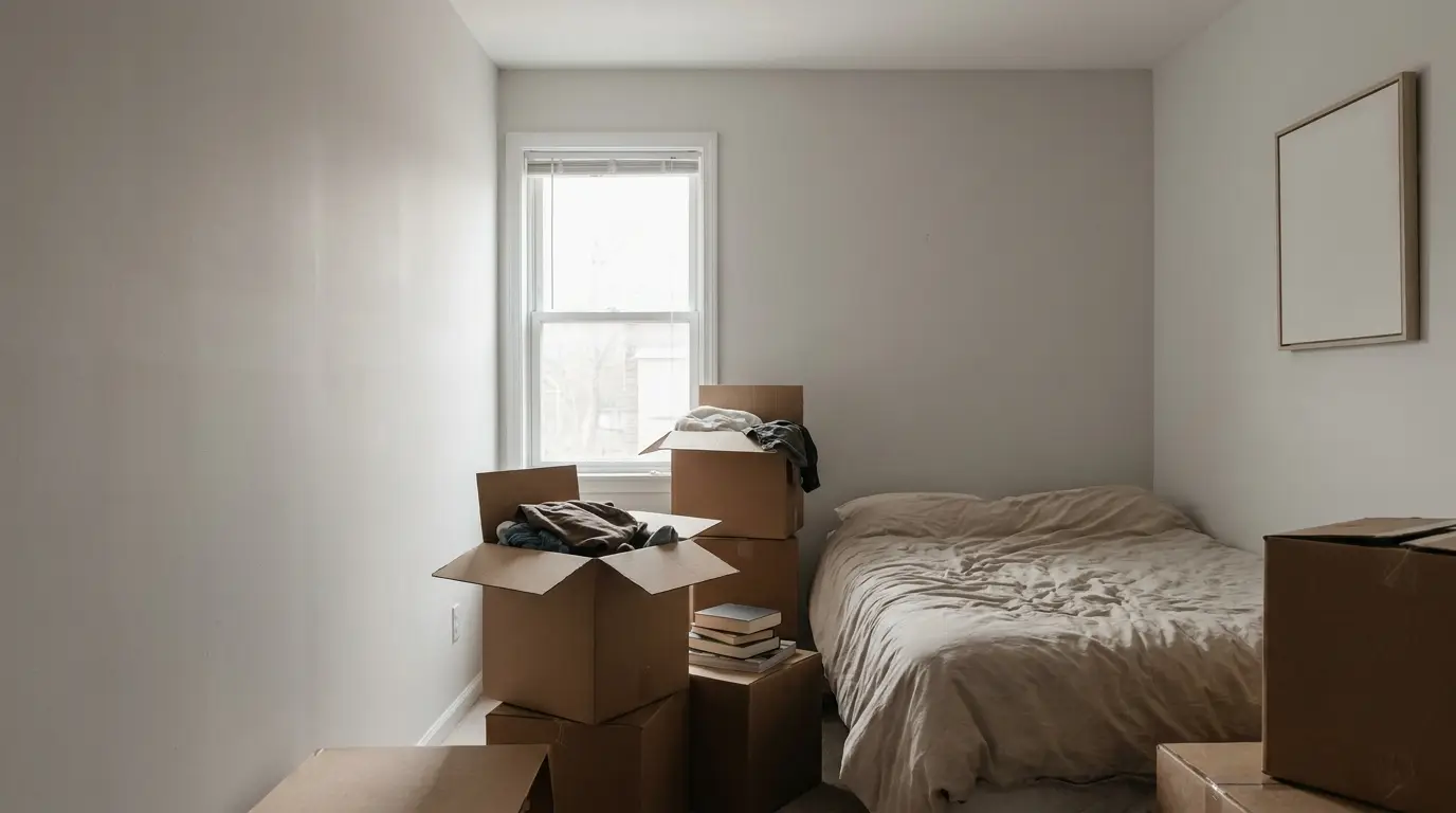 Bedroom with moving boxes stacked next to bed under natural light
