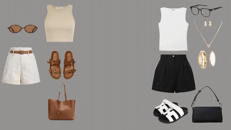 tank top with linen shorts and sandals styled for summer baseball game outfits.