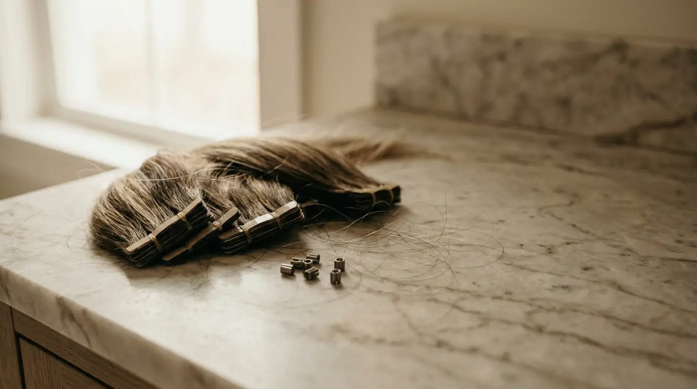 Hair extensions with metal clips on a marble countertop in natural light