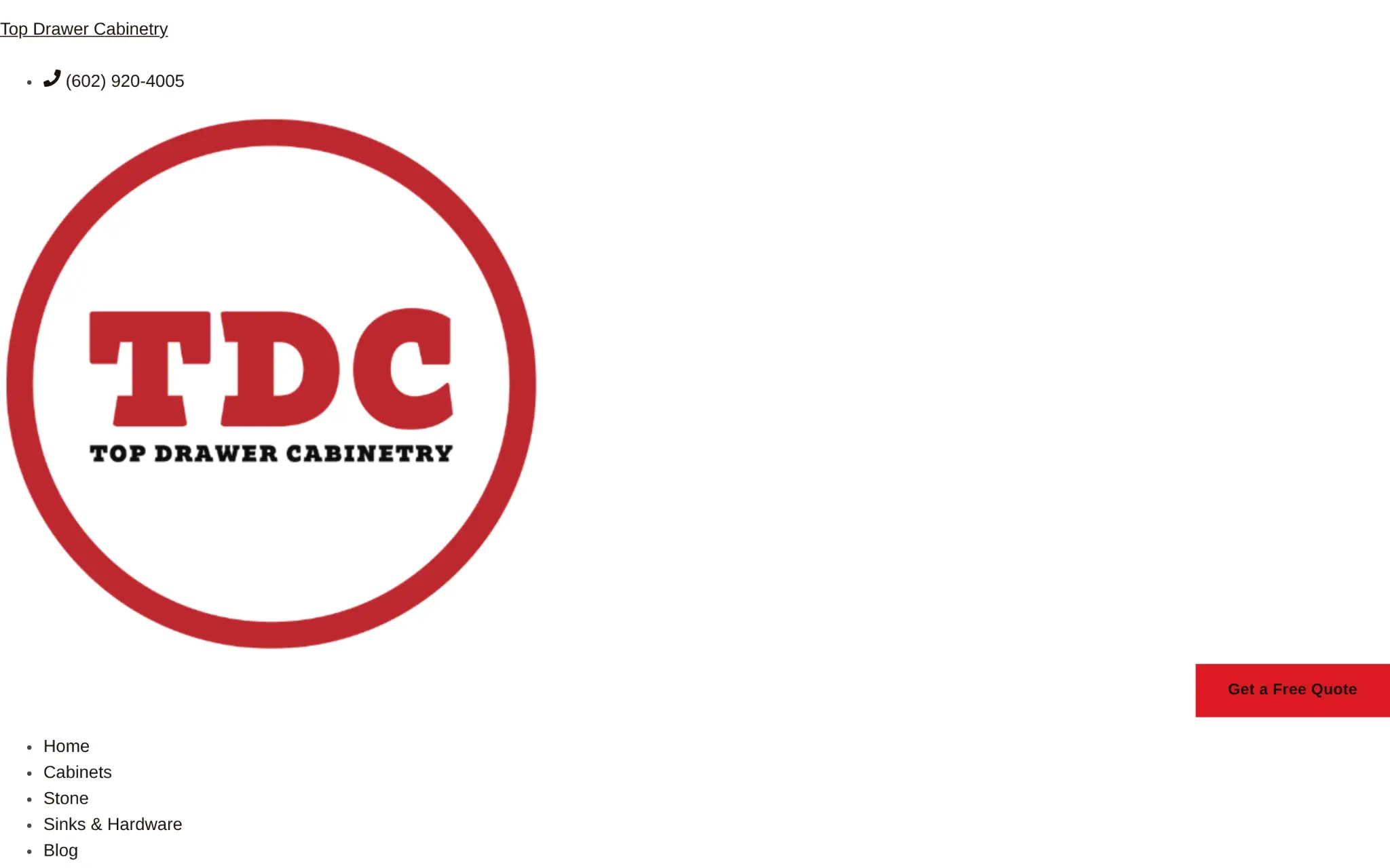 Red and white circular logo of Top Drawer Cabinetry with navigation menu links on left
