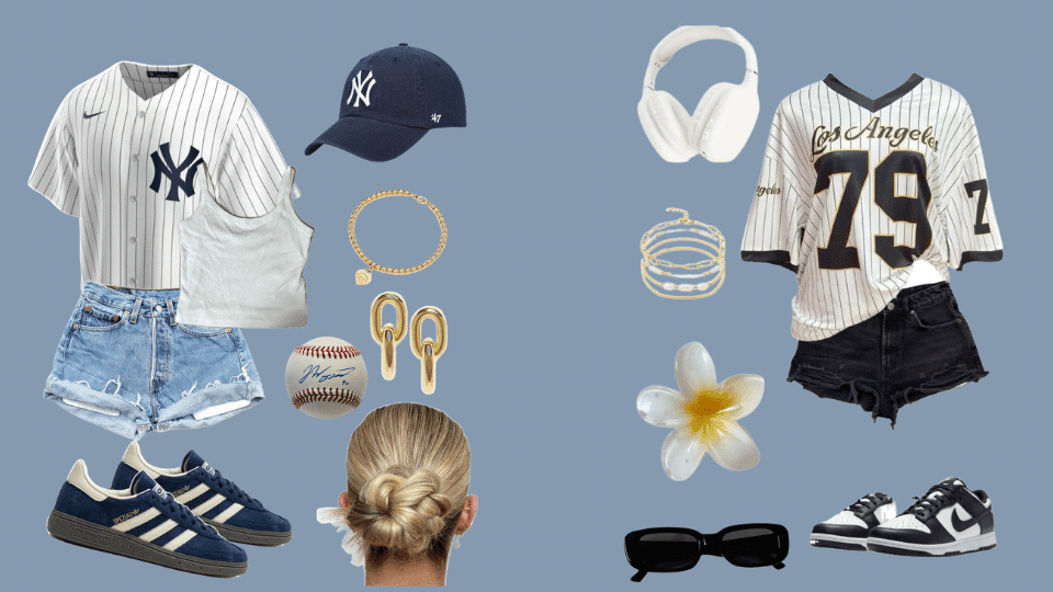 White New York Yankees tee, denim shorts, sneakers, and cap styled for baseball game outfits.