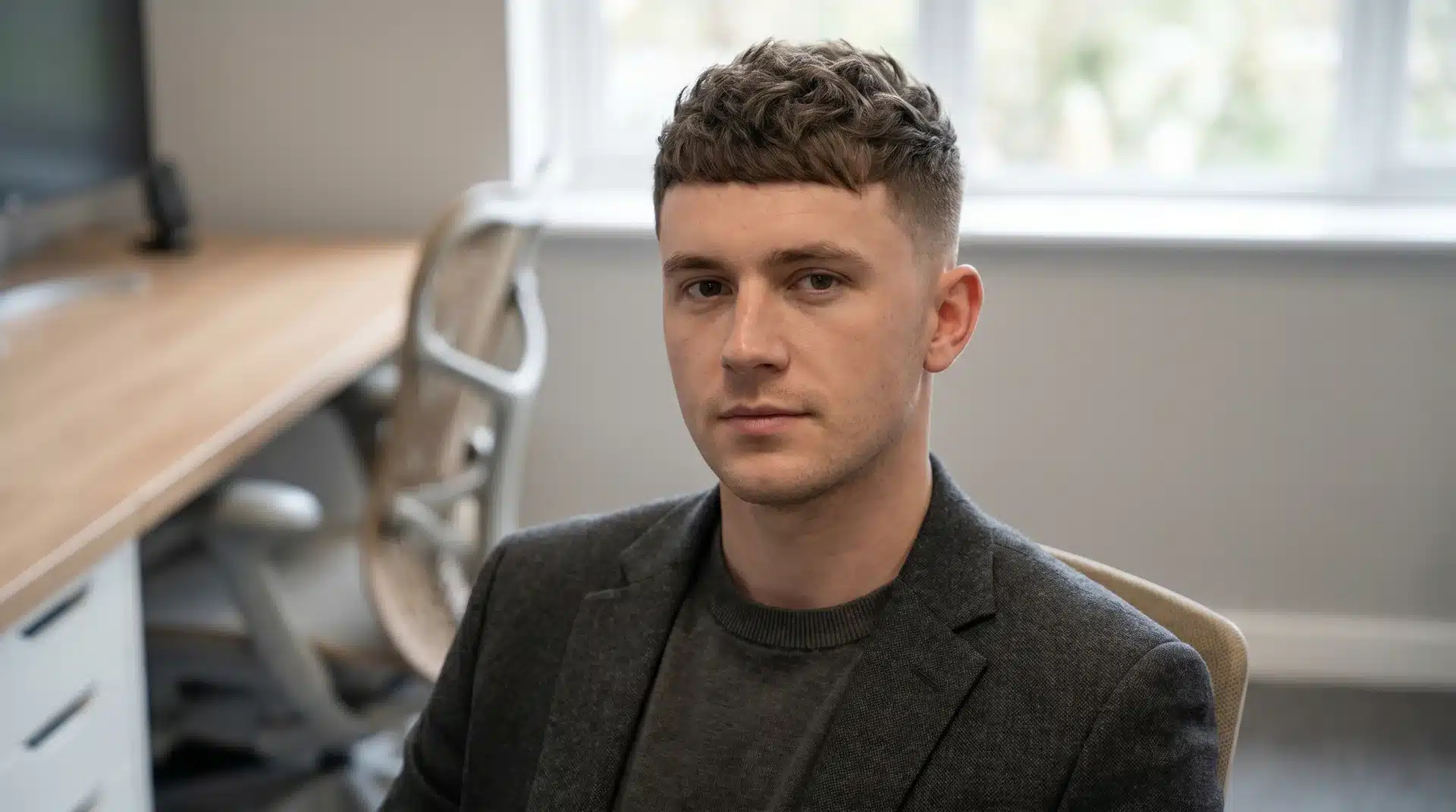 Handsome male model with a textured crop haircut sitting in a modern office.