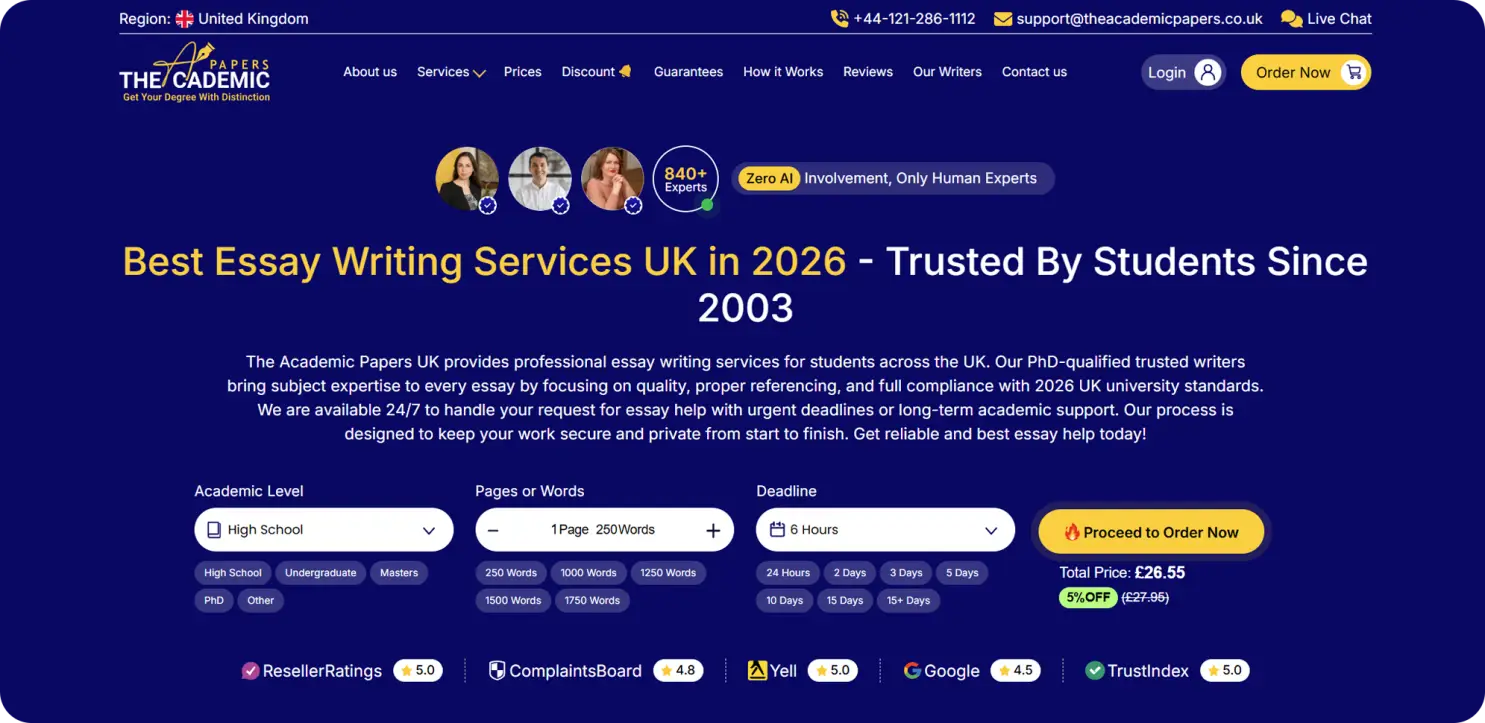 Website homepage for essay writing services with order options and contact information