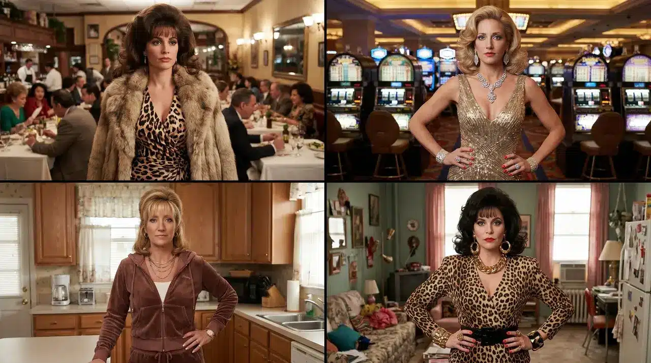 Female models in mob wife fashion with fur coats, gold jewelry, leopard print, and leather outfits in luxury interiors